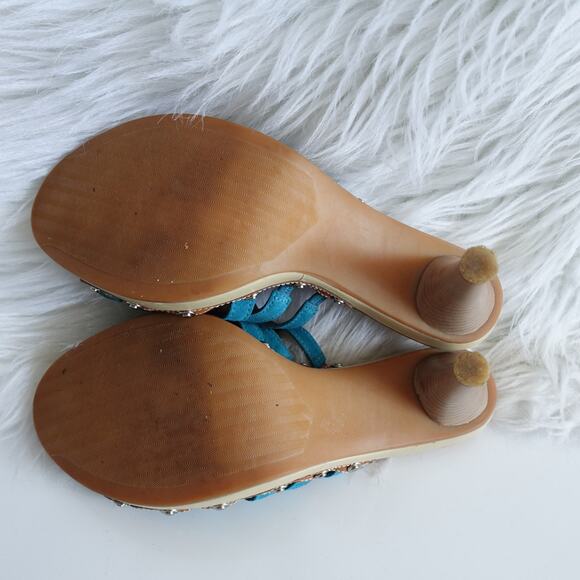 Clarks Y2K Clio Teal Blue Suede Slip-on Tan Leather Wooden High Heels - Picture 13 of 13